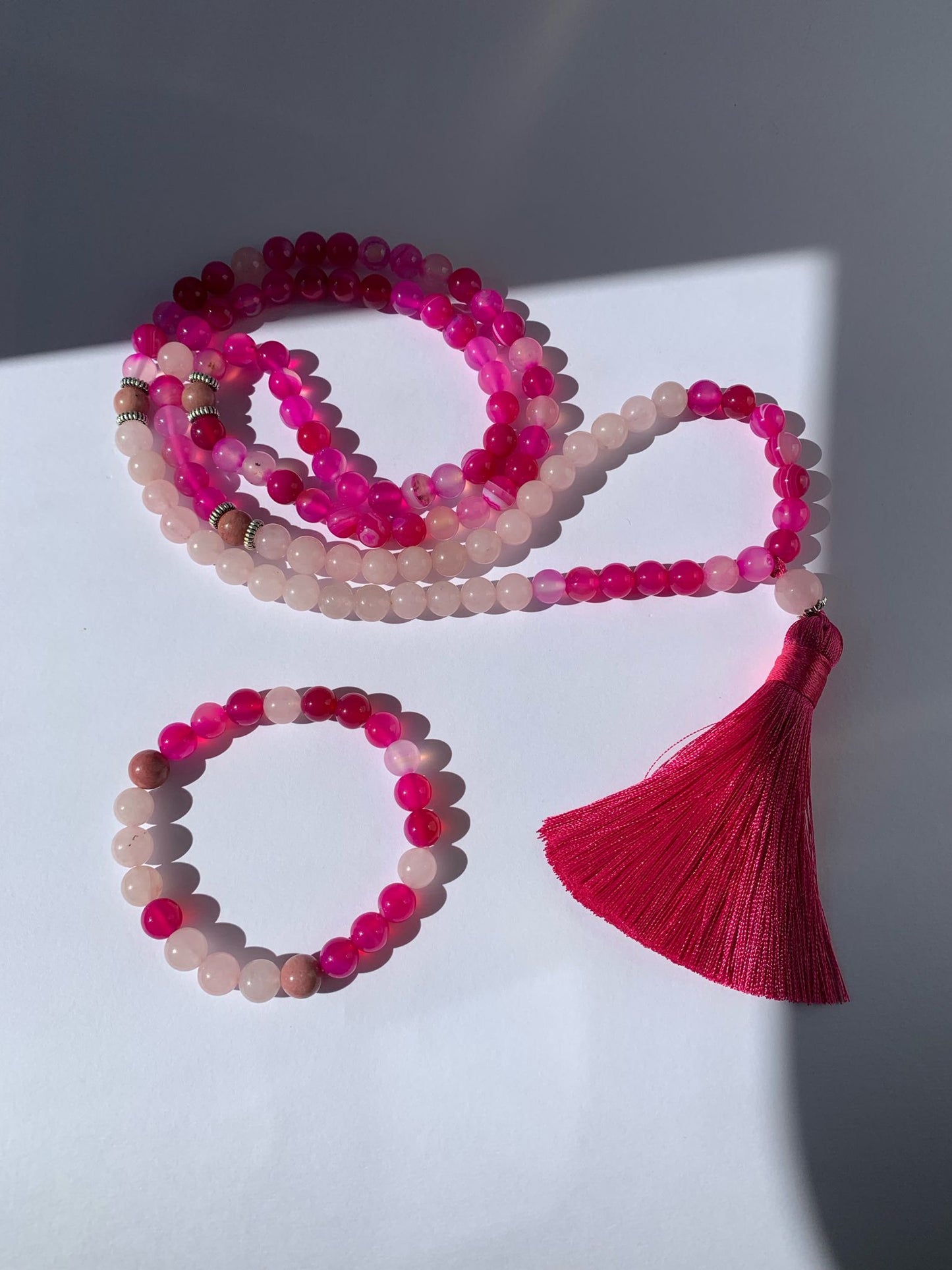 Set di japa mala e braccialetto di quarzo rosa, agata e rhodochrosite, 8mm / Protezione ed armonia