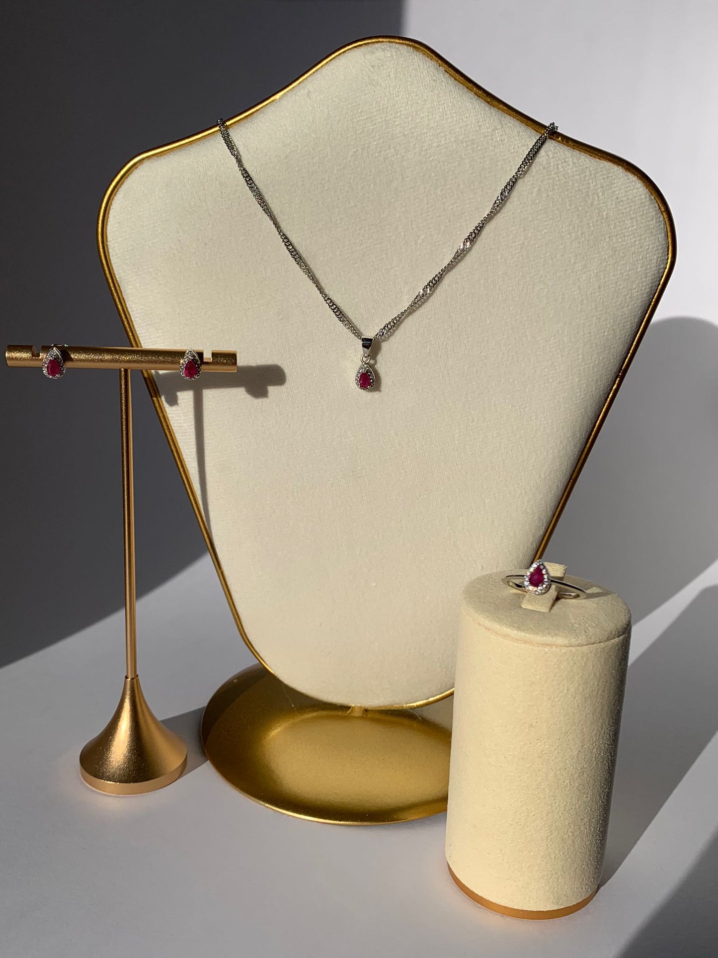 Jewelry Set, Includes 925 Silver Ruby Pendant, Earrings and Ring / Courage and Confidence