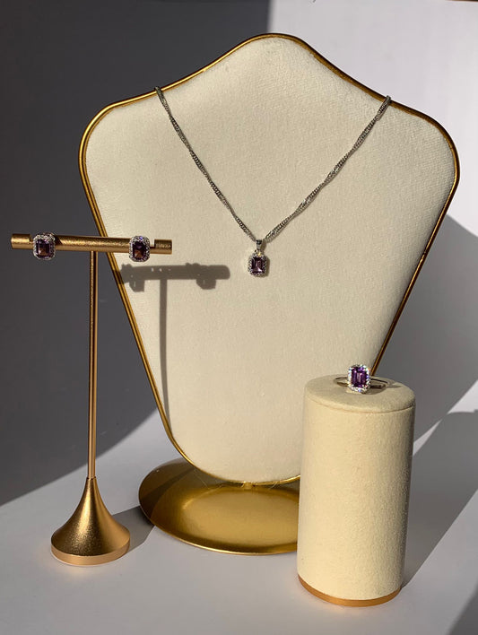 Jewelry Set, Includes 925 Silver Amethyst Pendant, Earrings and Ring / Relaxation and Balance